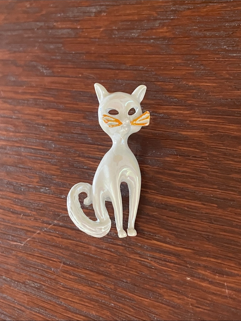 Pearlescent White Cat Pin Brooch with Orange whiskers